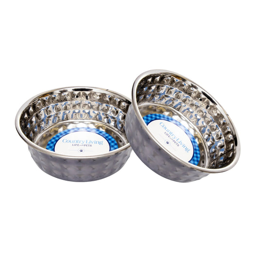 Country Living Set of 2 Hammered Stainless Steel Dog Bowls – Black Pearl