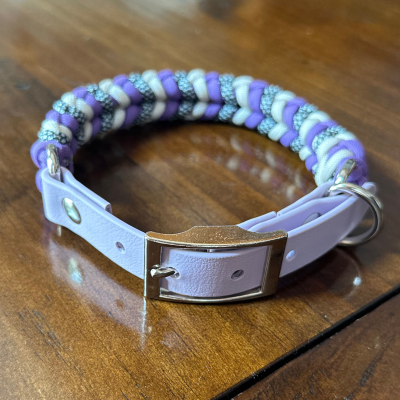 Coiled Charm Hand Braided Dog Collar in Lilac, Cream, & Silver Diamonds