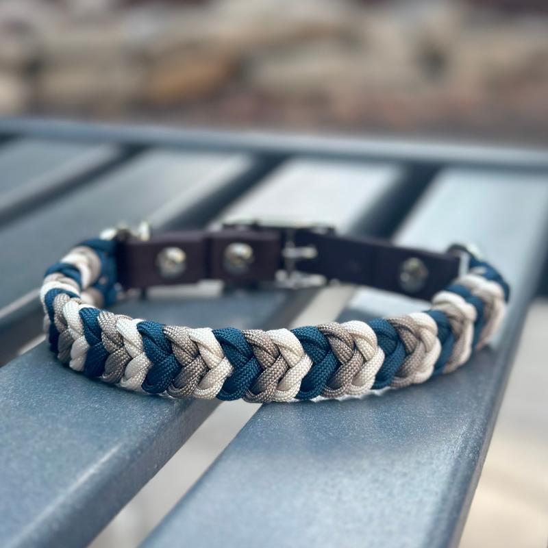 Coiled Charm Hand Braided Dog Collar in Navy, Tan, & Cream