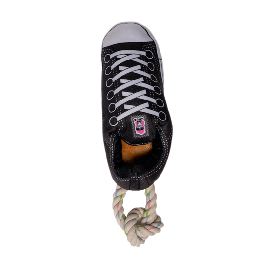 Squeaky Comfort Plush Sneaker Dog Toy – with Treat Compartment, Safe & Durable – Black